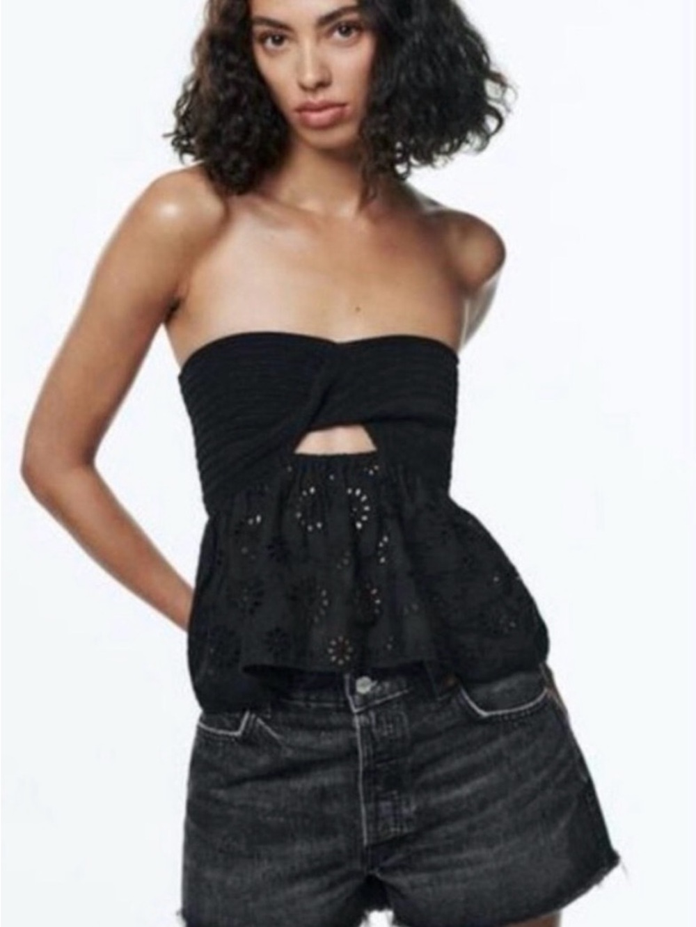 ZARA Strapless Black Eyelet Peplum Top - Women's XS